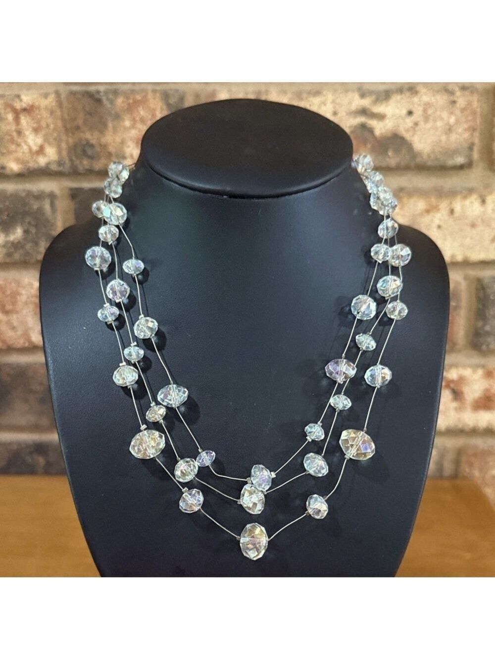 Vintage Clear Glass AB Beaded triple strand illusion necklace